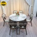 Bộ Bàn Ăn BA-F25-02 Mặt Đá Tròn Gọn 1,3M 6 Ghế Gỗ Hương Thái