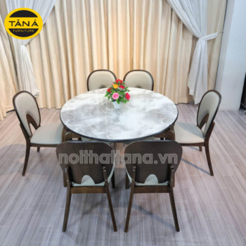 Bộ Bàn Ăn BA-F25-02 Mặt Đá Tròn Gọn 1,3M 6 Ghế Gỗ Hương Thái