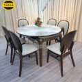 Bộ Bàn Ăn BA-F25-02 Mặt Đá Tròn Gọn 1,3M 6 Ghế Gỗ Hương Thái