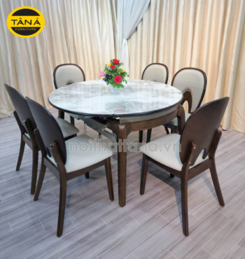 Bộ Bàn Ăn BA-F25-02 Mặt Đá Tròn Gọn 1,3M 6 Ghế Gỗ Hương Thái