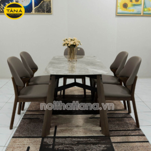 Bộ Bàn Ăn Mặt Đá Tự Nhiên 1,4m + 6 Ghế Gỗ Hương Thái Nhập Khẩu BA-T-98