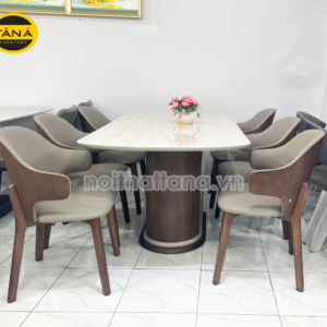 Bộ Bàn Ăn Mặt Đá Tự Nhiên 1,6M + 6 Ghế Gỗ Thịt Nhập Khẩu BA-D16-15 Hiện Đại