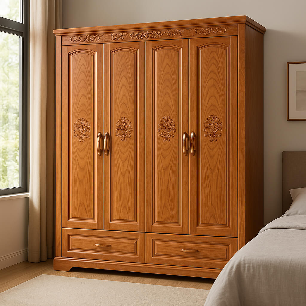 Tủ Quần Áo Gỗ Đỏ 4 cánh có ngăn kéo hiện đại giá rẻ đẹp chất lượng