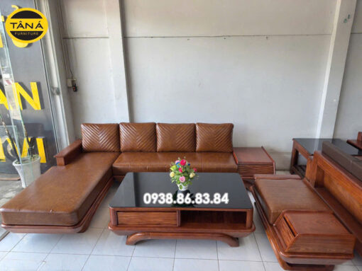 Sofa Gỗ Hương Góc L Bọc Da Hàn Quốc GH44