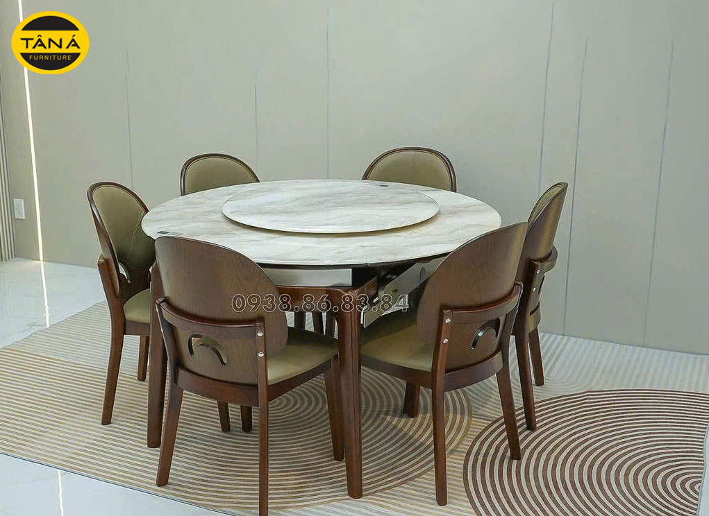 Bộ Bàn Ăn Mặt Đá Tự Nhiên Gấp Gọn 6 Ghế Gỗ Bọc Da Nhập Khẩu BA-G74