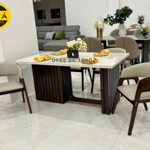 Bộ Bàn Ăn Mặt Đá Tự Nhiên 1,6m + 6 Ghế Bọc Da Cao Cấp BA-F8-01