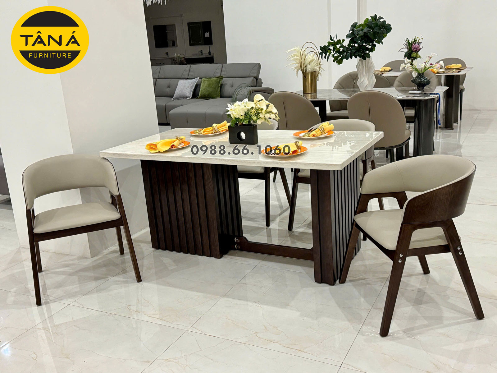 Bộ Bàn Ăn Mặt Đá Tự Nhiên 1,6m + 6 Ghế Bọc Da Cao Cấp BA-F8-01