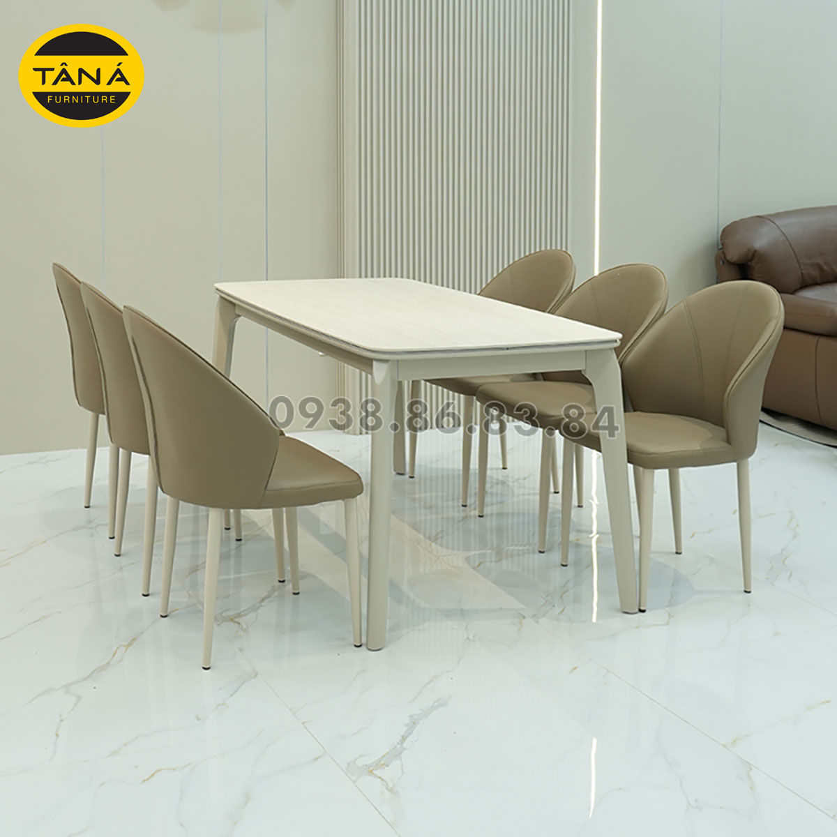 Bàn ăn mặt đá nhân tạo 6 ghế BA-CZ-5 trong không gian bếp sáng hiện đại