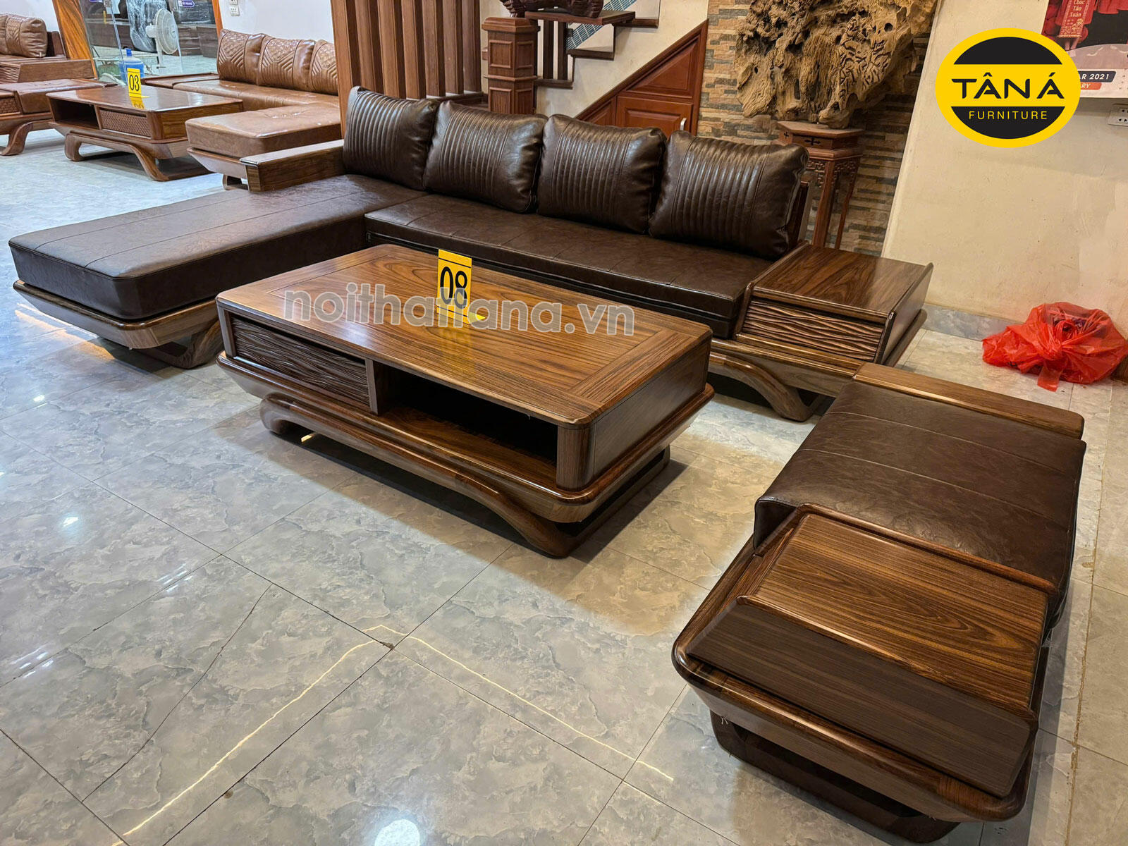 sofa gỗ mun chữ l da hàn quốc ta-gm77