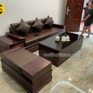 Sofa Băng Gỗ Sồi Bọc Da Màu Nâu Hàn Quốc Đẹp Hiện Đại GS56