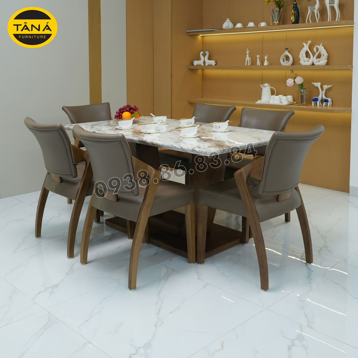 Bộ Bàn Ăn Mặt Đá Vi Tinh Hiện Đại 6-8 Ghế Gỗ Sồi Nhập Khẩu BA248