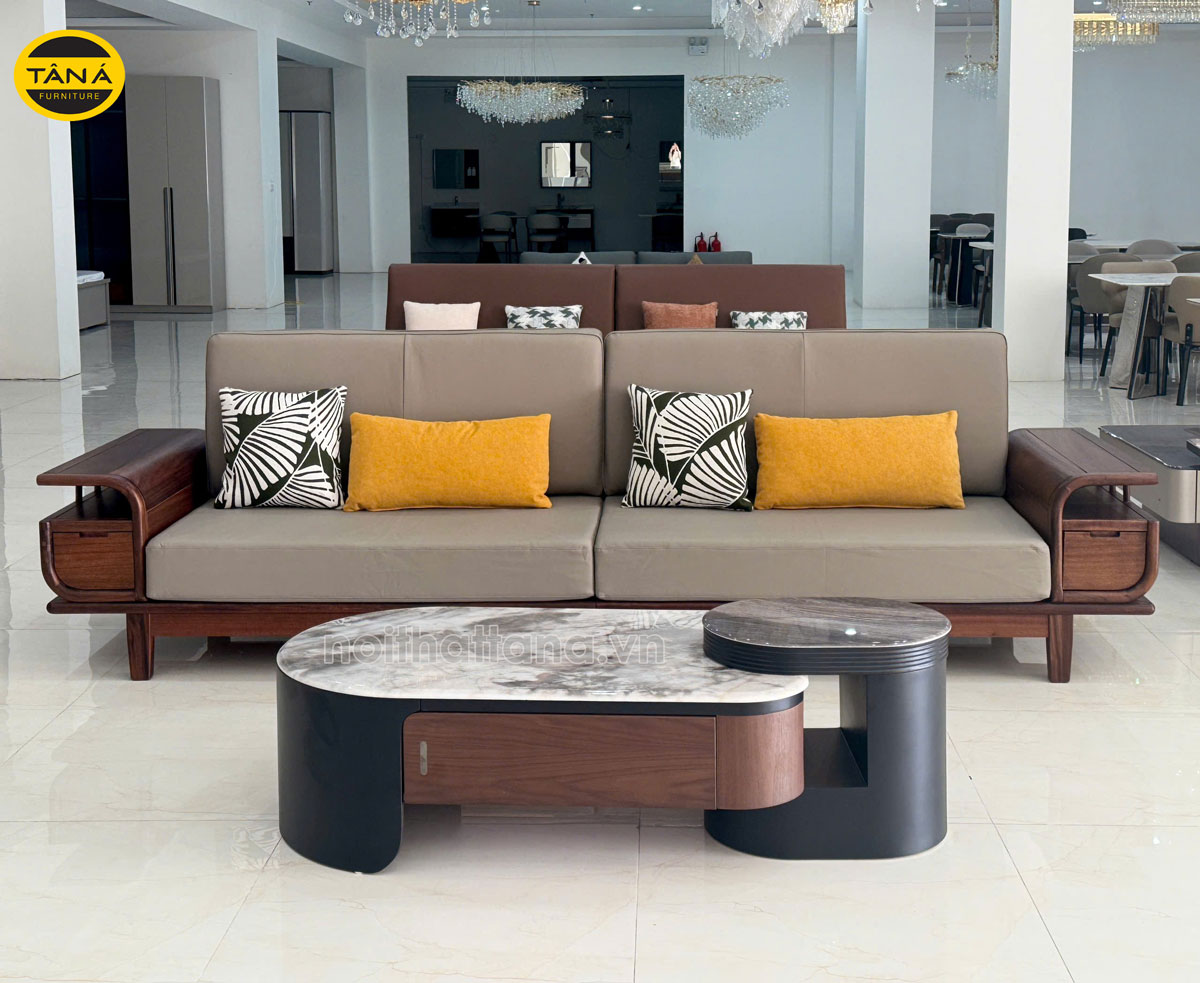 Sofa Băng Da Sinh Thái Nhập Khẩu AT-E113 Gỗ Sồi - Kiểu Dáng Sang Trọng
