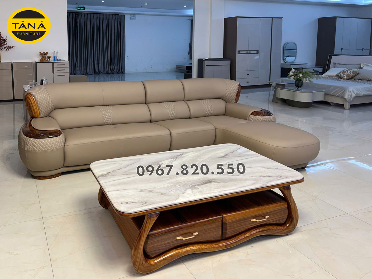 Sofa Góc Da Siêu Sợi Gỗ Mun Cao Cấp AT-516B Hiện Đại Nhập khẩu