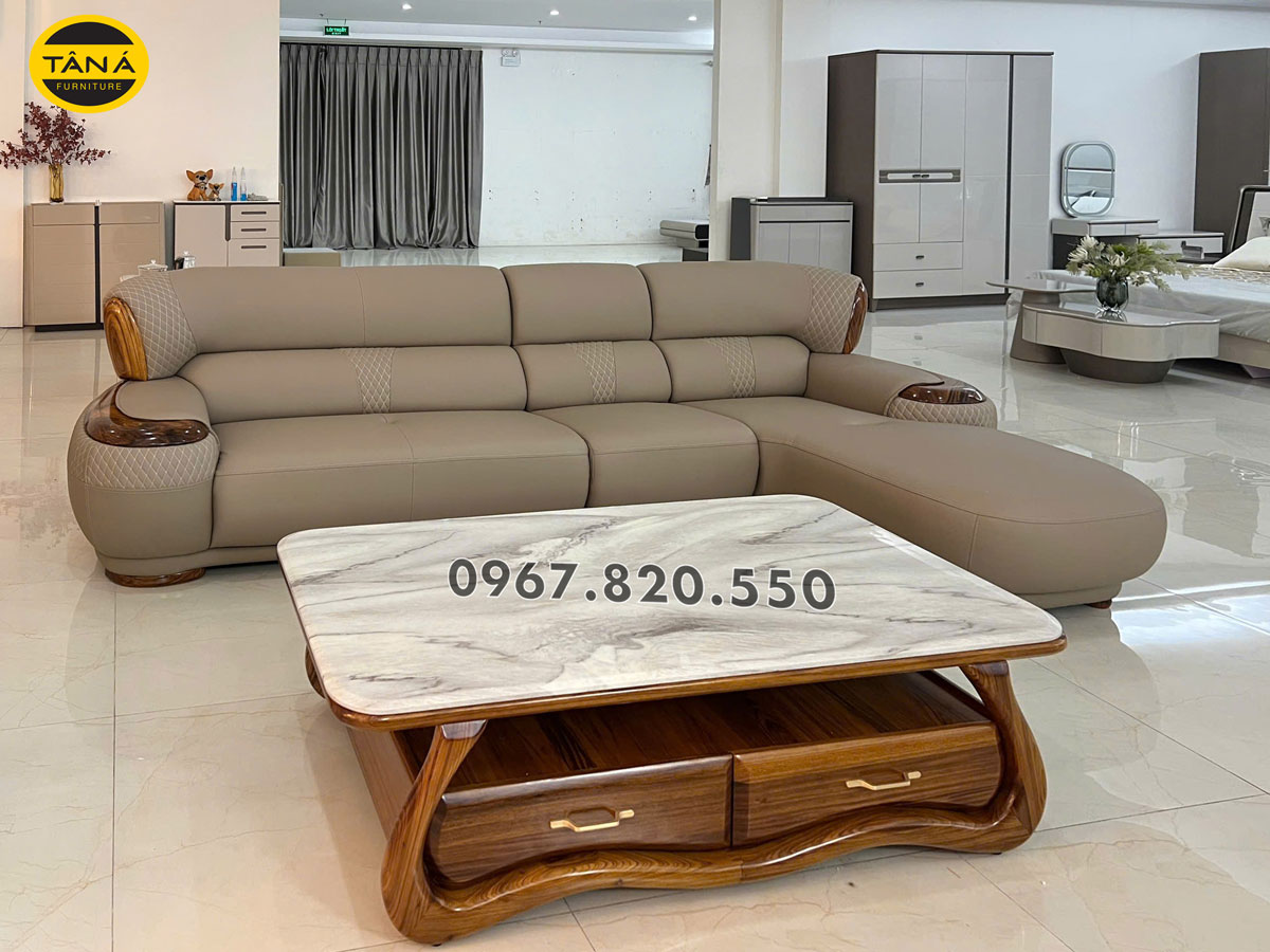 Sofa Góc Da Siêu Sợi Gỗ Mun Cao Cấp AT-516B Hiện Đại Nhập khẩu
