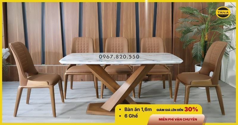 Bộ Bàn Ăn Gỗ Sồi Mặt Đá Tự Nhiên Hiện Đại 6 Ghế Nhập Khẩu BA249