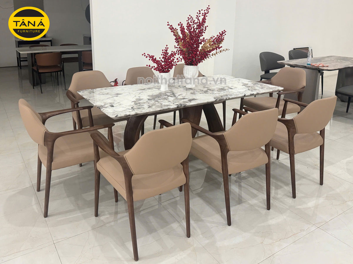 Bộ Bàn Ăn Mặt Đá Tự Nhiên Dài 2m Hiện Đại 8 Ghế Gỗ Sồi Nhập Khẩu BA261