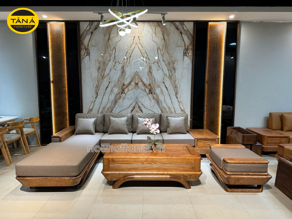 Sofa Gỗ Sồi Da Hàn Quốc Góc L Hiện Đại GS92