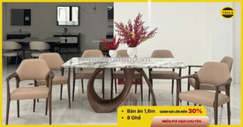 Bộ Bàn Ăn Mặt Đá Tự Nhiên Dài 2m Hiện Đại 8 Ghế Gỗ Sồi Nhập Khẩu BA261