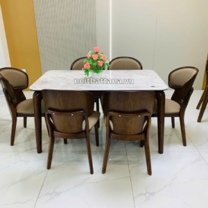 Bộ Bàn Ăn 1,4m 6 Ghế Mặt Đá Tự Nhiên Khung Gỗ Sồi Nhập Khẩu AT-G06