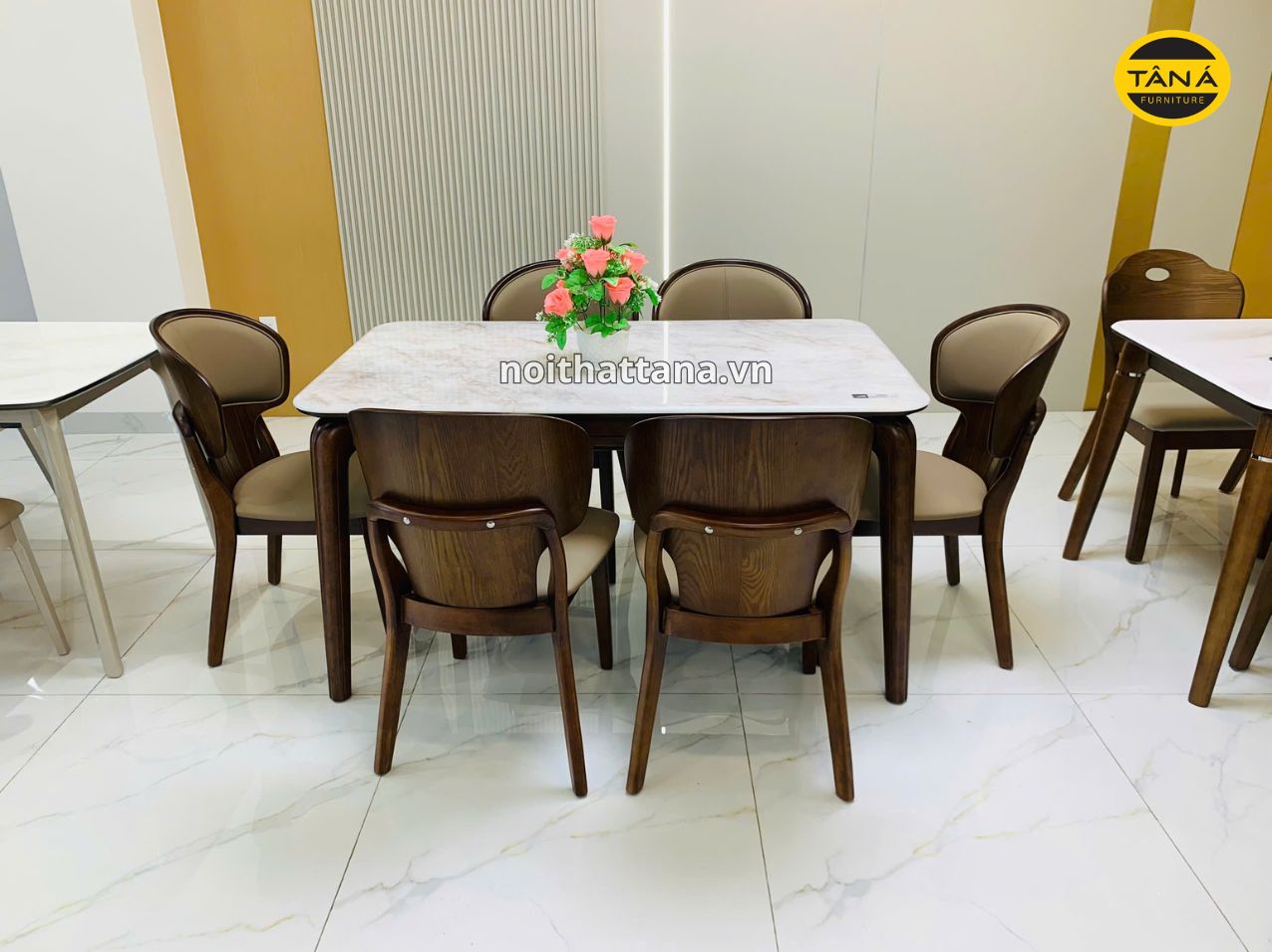 Bộ Bàn Ăn 1,4m 6 Ghế Mặt Đá Tự Nhiên Khung Gỗ Sồi Nhập Khẩu AT-G06