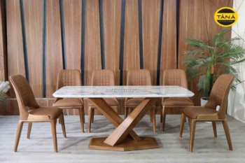 Bộ Bàn Ăn Gỗ Sồi Mặt Đá Tự Nhiên Hiện Đại 6 Ghế Nhập Khẩu VT29