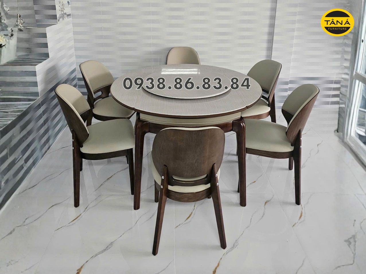 Bộ Bàn Ăn Thông Minh Mặt Đá Gấp Gọn 6 Ghế Gỗ Sồi AT-F52-02