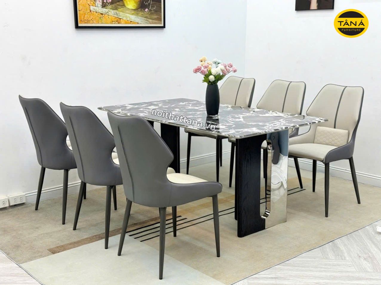 Bộ bàn ăn 1m6 6 ghế mặt đá bạch ngọc nhập khẩu AK08