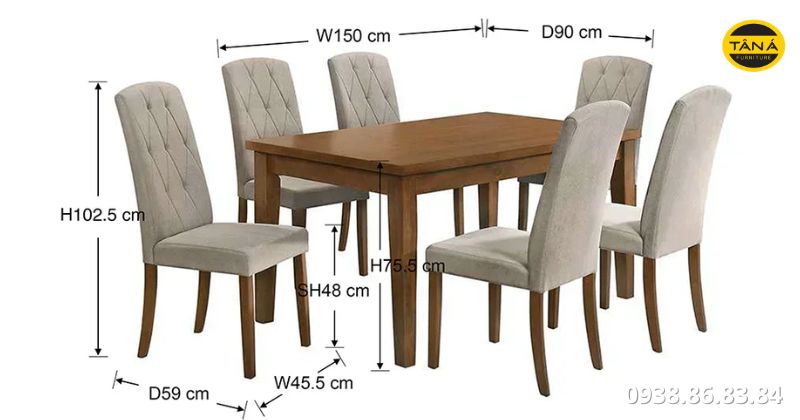 Kích thước bàn ăn 6 ghế