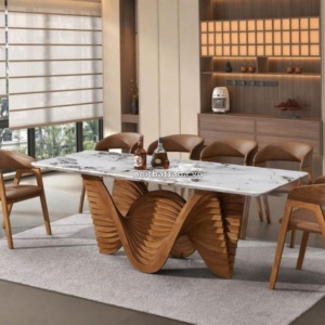Bộ Bàn Ăn 1,8m 6 Ghế Mặt Đá Tự Nhiên Khung Gỗ Sồi Nhập Khẩu AT-580