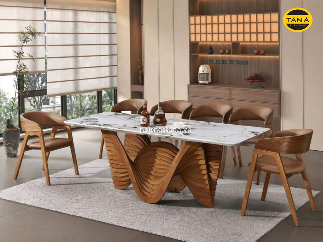 Bộ Bàn Ăn 1,8m 6 Ghế Mặt Đá Tự Nhiên Khung Gỗ Sồi Nhập Khẩu AT-580