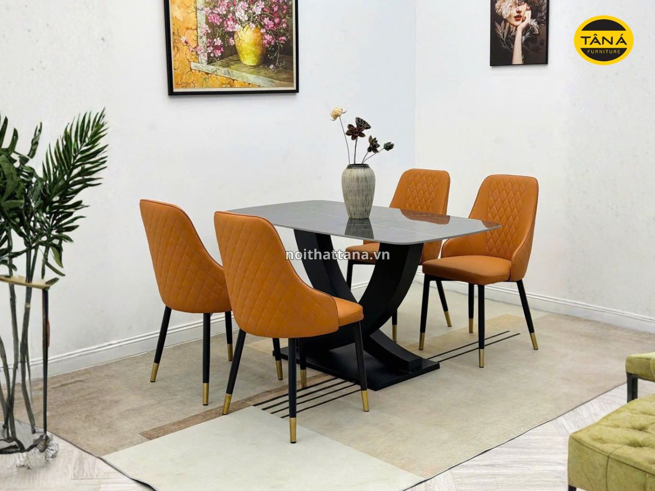 Bộ bàn ăn 1m2 4 ghế mặt đá ceramic nhập khẩu AK28