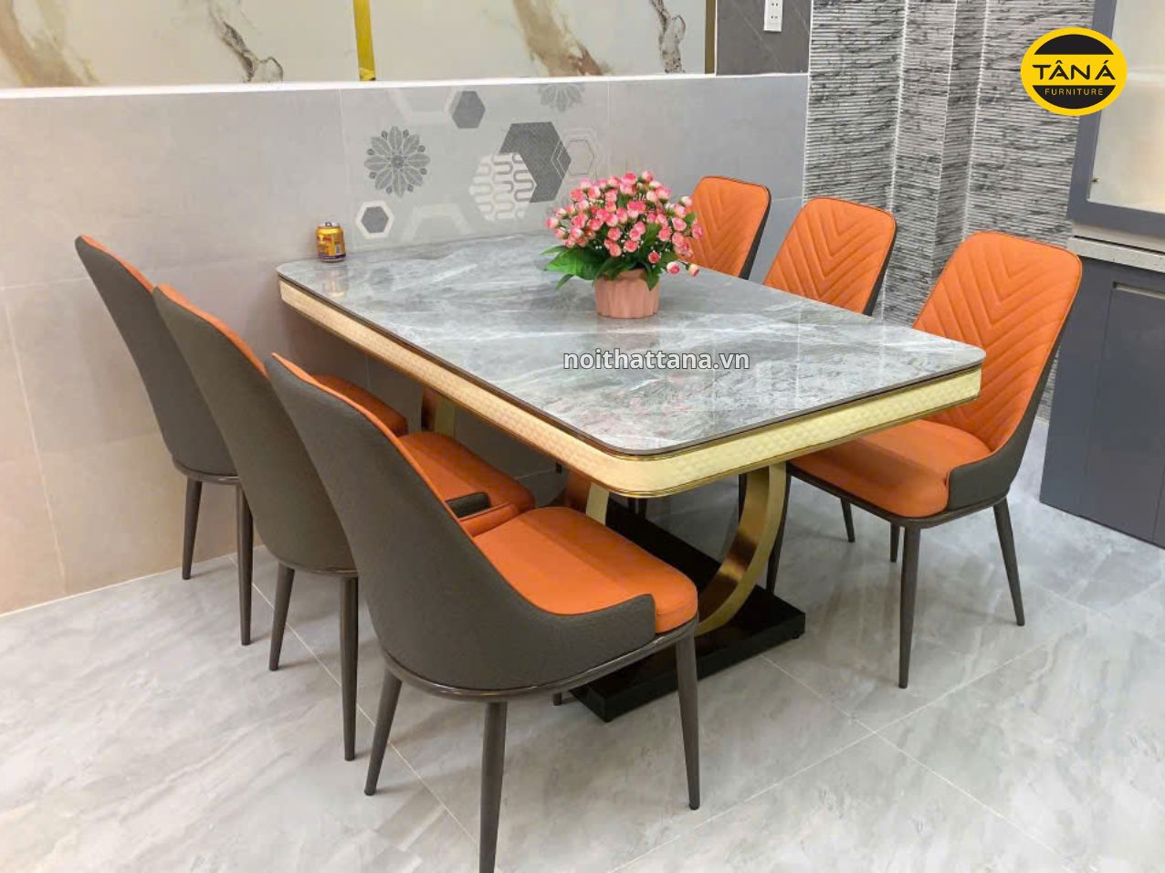 Bộ bàn ăn 1m6 6 ghế mặt đá ceramic nhập khẩu AK31 7 ban an 4 ghe mat da ceramic ak31 1