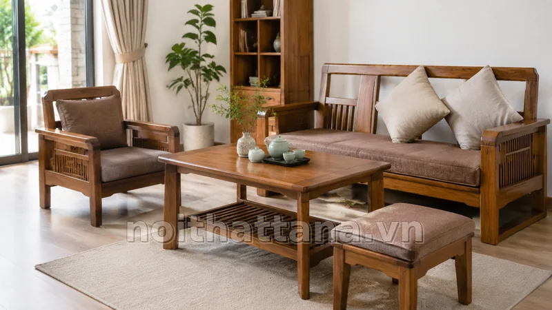bàn ghế gỗ phòng khách dưới 15 triệu trong không gian nội thất thực tế
