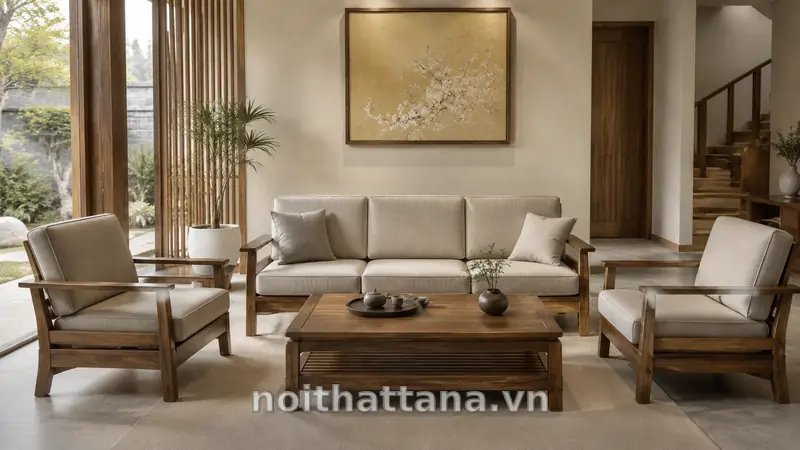 Bàn ghế phòng khách đơn giản khung gỗ bọc nệm
