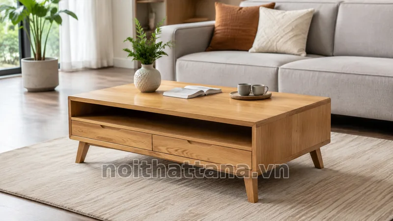 bàn trà gỗ sồi trong không gian thực tế