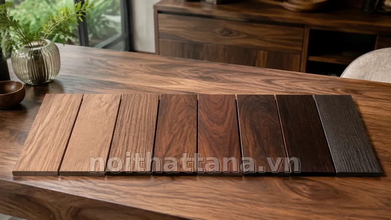 bảng màu gỗ óc chó trong không gian nội thất thực tế