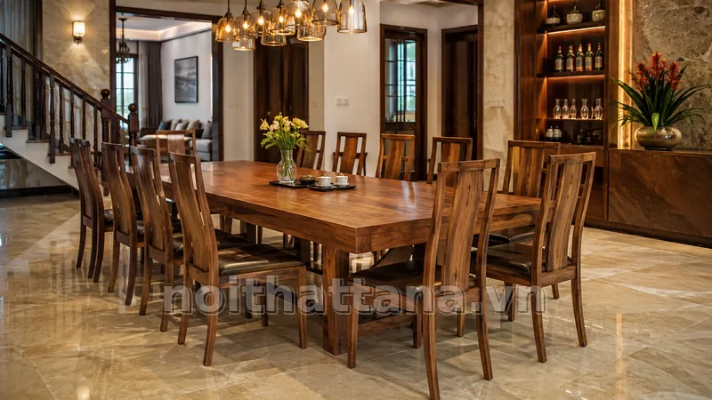 bộ bàn ăn 10 ghế trong không gian nội thất thực tế