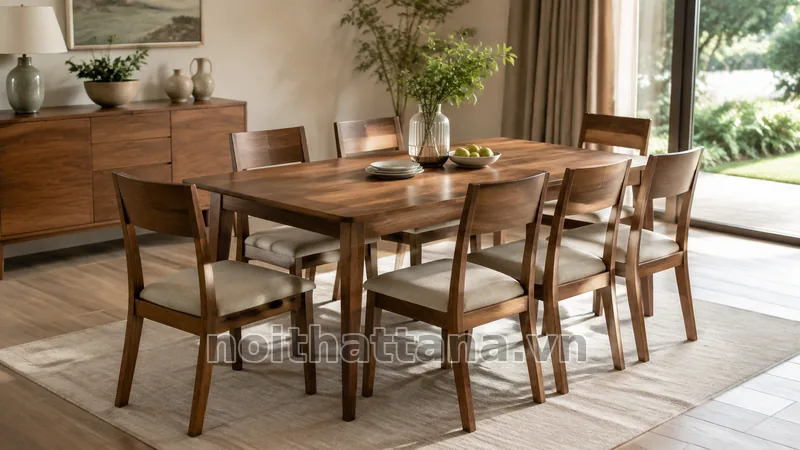 bộ bàn ăn 6 ghế gỗ tự nhiên trong không gian thực tế