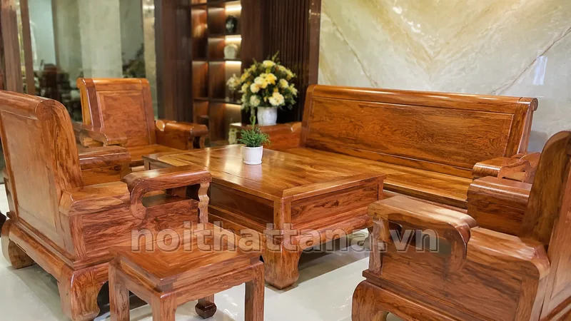 bộ bàn ghế gỗ hương đá trong không gian nội thất thực tế