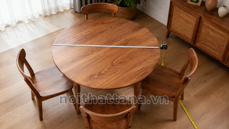 Kích thước bàn ăn tròn với tỷ lệ và khoảng cách sử dụng hợp lý