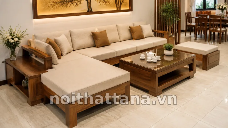 Mẫu sofa gỗ góc L có bàn trà đồng bộ