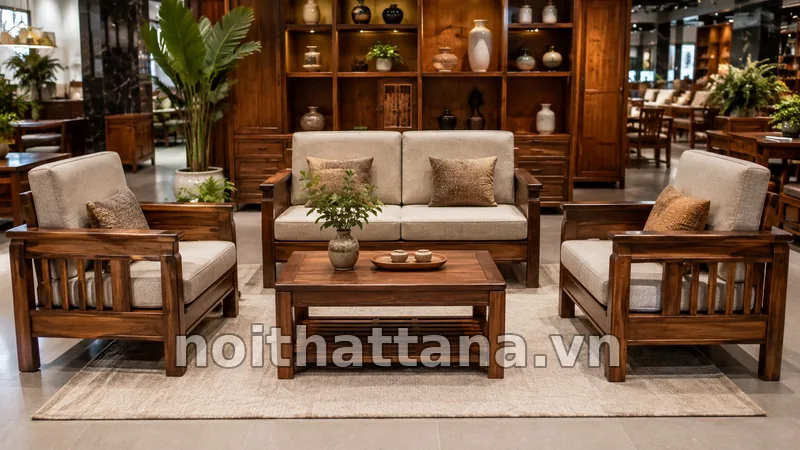 Bộ sofa gỗ có ghế đơn và bàn trà phòng khách