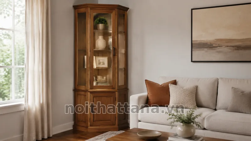 Tủ góc phòng khách đẹp đặt cạnh sofa