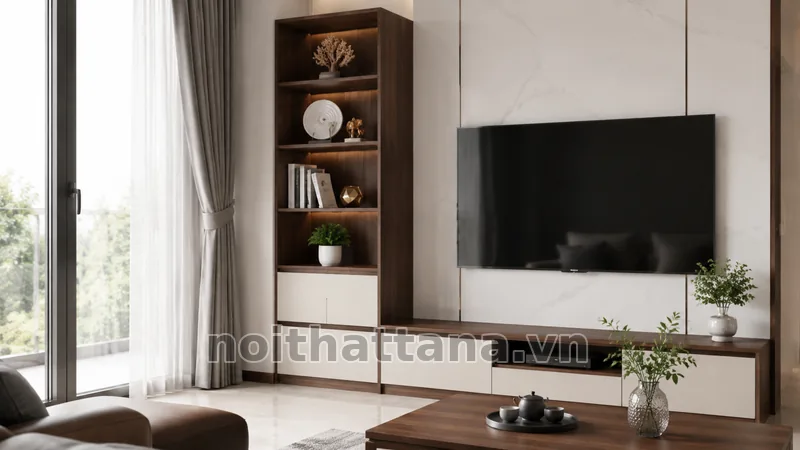 Tủ góc kết hợp lưu trữ gần kệ tivi