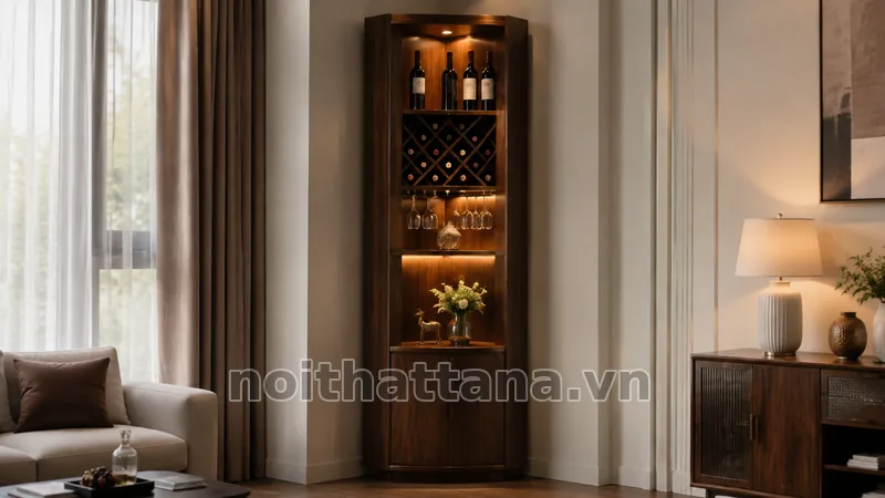 Tủ góc phòng khách có đèn trang trí