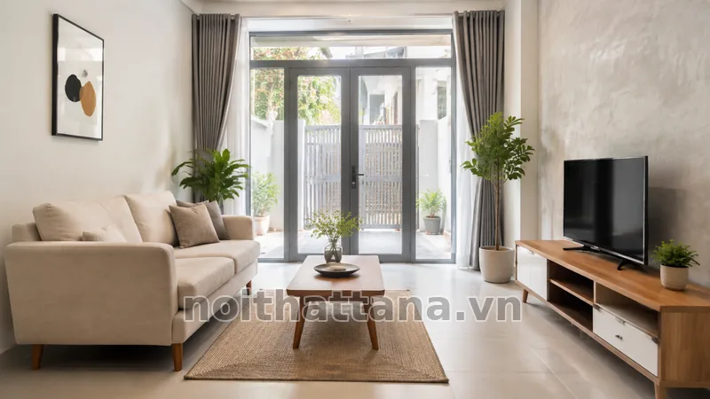 Phòng khách hiện đại đơn giản với sofa sáng màu và bàn trà gỗ