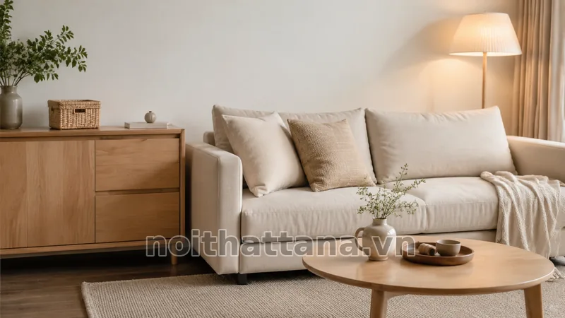 Phối màu và vật liệu cho phòng khách hiện đại đơn giản