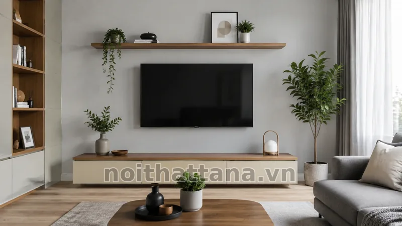 Kệ tivi và lưu trữ kín trong phòng khách hiện đại đơn giản