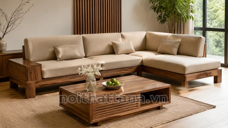 Sofa gỗ chữ L hiện đại trong phòng khách