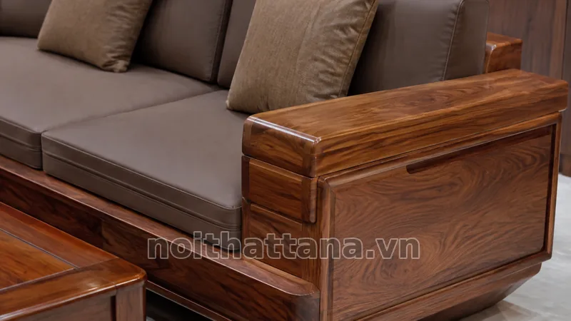 Chi tiết góc và đệm sofa gỗ chữ L